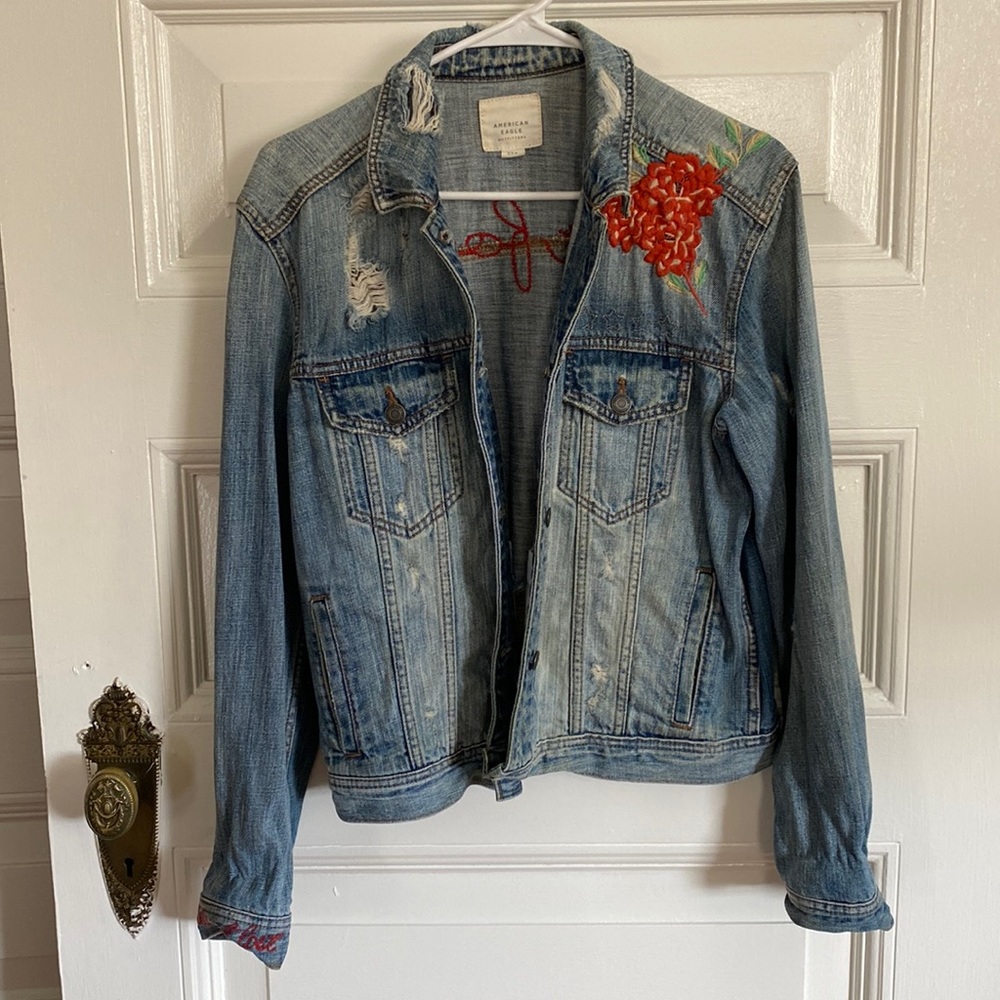 American Eagle distressed and embroidered denim jacket